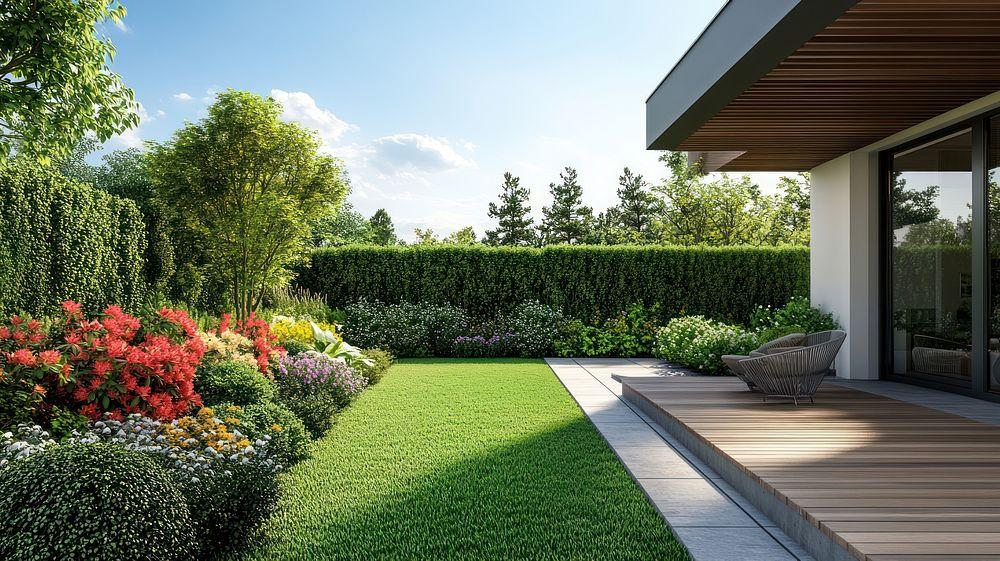 Professional backyard landscaping with a green lawn, colorful flower beds, and a wooden patio