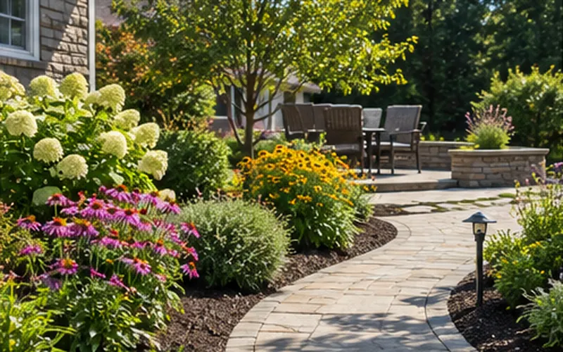 Residential garden landscaping with flower beds, shrubs, and a stone pathway